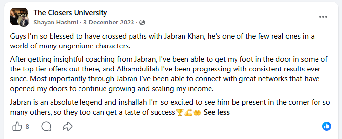 Student success story 4 for Jabran Khan's 1:1 coaching